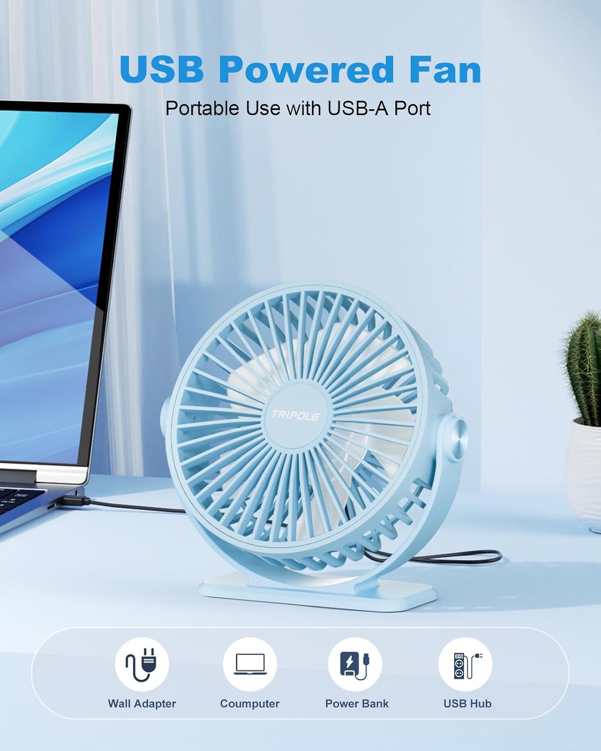TriPole Desk Fan USB Powered Small Portable Fan, 3 Speeds Adjustable Strong Breeze Mini Personal Fans, 360° Rotation Quiet Plug In USB Fans for Desktop Bedroom Office Table Travel, Black, 4.9ft Cable