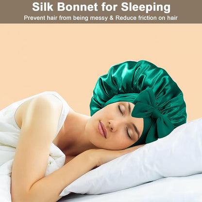 2Pcs Silk Hair Satin Bonnet for Sleeping Women,Large Satin Sleep Bonnets for Women with Elastic Tie Band Silk Hair Wrap with Ajustable Straps,Night Sleep Cap for Curly Braids,Black+Rose Gold