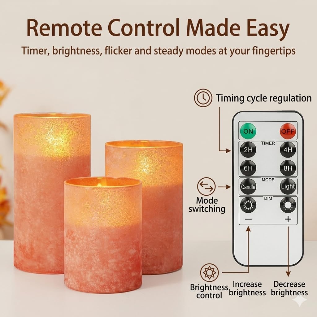 ANGELLOONG Flickering Flameless Candles, Realistic Battery Operated Candles with Remote and Timer, Set of 3 LED Candles for Fall Room Home Wedding Decor Centerpieces Table Party Christmas Decorations
