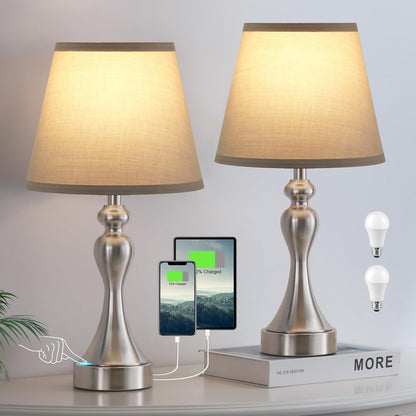 Seealle Touch Lamps for Nightstand - Bedside Lamps Set of 2, 3 Way Dimmable, USB C+A for Bedroom & End Tables (LED Bulbs Included)