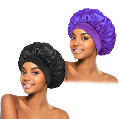 ZHENSILK 2Pcs Silk Bonnet for Sleeping, Satin Hair Bonnets, Soft Elastic Band Silk Sleep Cap, Hair Wrap for Women (Black Gold)