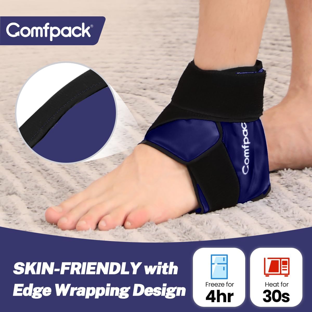 Comfpack Ankle Ice Pack Wrap for Swelling, FSA Eligible, Heel Ice Pack for Pain Relief, Hot Cold Therapy Cold Pack for Plantar Fasciitis, Achilles Tendonitis, Ankle Sprain, Foot Pain, Black