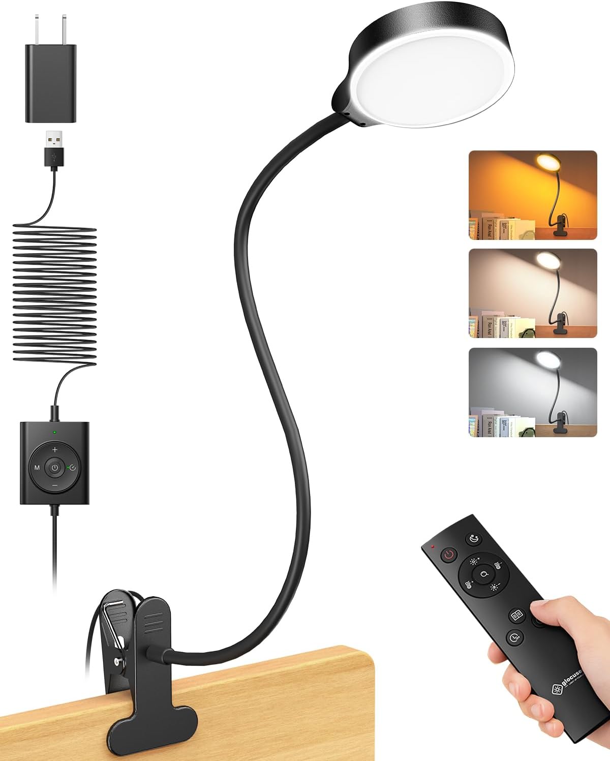 Glocusent 5W Clip on Light, 36 LED Eye Caring Reading Light for Bed, 3 Colors & 5 Brightness Clip on Lamp with Adapter, Perfect Desk Lamp with Clamp/Bunk Bed/Headboard/Table