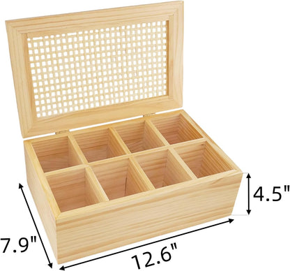 JJSQ Wooden Tea Bag Organizer Box with Lid, 8 Compartment Tea Storage Chest, Tea Caddy Holder Organizer for Countertop, Tea Station and Tea Accessories (Natural)