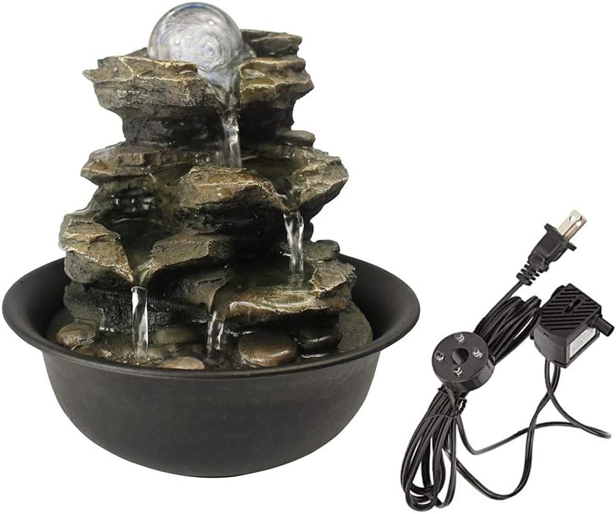 8.3” H Indoor Zen Tabletop Water Fountain, Rock Cascading Waterfall with Spinning Crystal Ball & LED Light for Home Office Decor