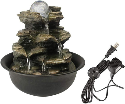 8.3” H Indoor Zen Tabletop Water Fountain, Rock Cascading Waterfall with Spinning Crystal Ball & LED Light for Home Office Decor