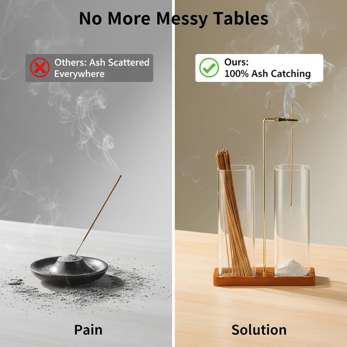 2 in 1 Incense Holder for Sticks, Anti-Ash Flying Incense Burne with Glass Ash Catcher and Incense Sticks Organizer for Meditation Yoga Spa Home Decor (Dark Base)