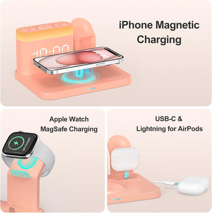 ANJANK Wireless Charging Station,5 in 1 Multiple Charger Stand with Alarm Clock,7 Night Light,Magnetic Charging Dock for iPhone 18 17 16 15 14 13 Pro Max Plus,Apple Watch 11/10/9/8,for Airpods,Bedroom
