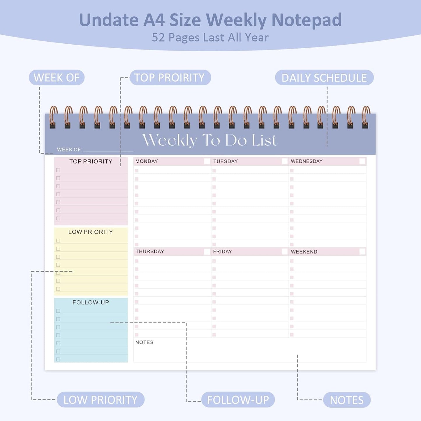 Weekly To Do List Notepad, 52 Sheets, Undated Weekly Planner, Letter Size | 8.5"x11", 100GSM, Thick Paper, Twin-Wire Spiral Bound, Tear Off Desk Pad, For Women & Man, Home School & Office Work