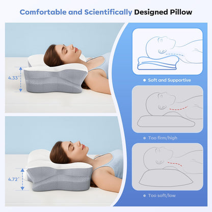 Cervical Neck Pillow, Ergonomic Memory Foam Pillow for Neck Pain Relief with Dual-Height Design, Breathable Cover, Neck Support for Side Back & Stomach Sleepers, Odorless White 1 pcs