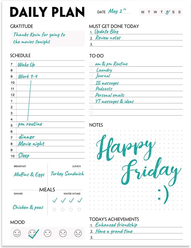 Daily Planner Notepad - A5 Calendar, Scheduler, Organizer with Priority, To Do List, Appointments, Notes, Meals and Water Intake Tracker, 50 Undated Tear-Off Sheets Planning Pad, 5.8"x8.25"