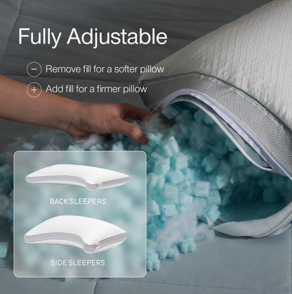 Coop Home Goods Cool+ Adjustable Pillow, Queen Size Plus Shaped Memory Foam Pillows with Cooling Gel, Back, Stomach or Side Sleeper, Neck Support for Sleeping, CertiPUR-US/GREENGUARD Gold