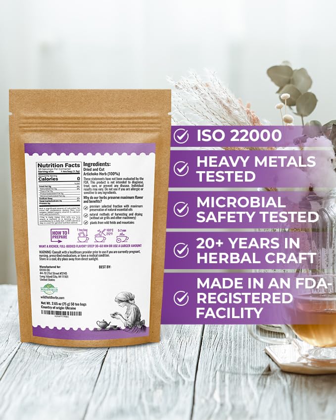 50 Bags Alcachofa Artichoke Leaf Dried Artichokes Blend Herb Tea (Cynara Cardunculus) - 50 Count 1.5g Tea Bags Herbal Hojas De Alcachofa Seca