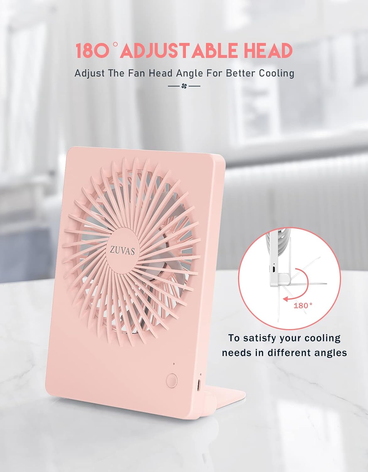 Zuvas Desk Fan Battery Operated Fan Rechargeable 180°Tilt Folding Personal Fan Ultra Quiet Small Portable 3 Speed Adjustable Strong Wind Fan For Office Bedroom Home Desktop Camping (White)