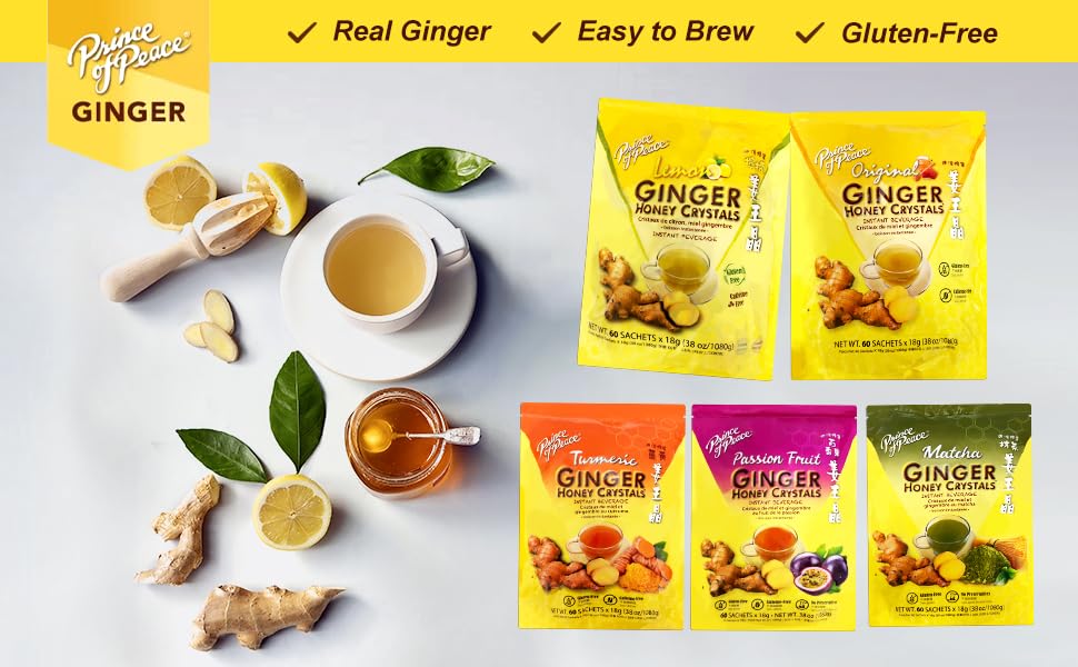 Prince of Peace Instant Ginger Honey Crystals with Lemon, 60 Sachets – Instant Hot or Cold Beverage – Easy to Brew – Drink Like a Tea – Caffeine and Gluten Free – Real Ginger