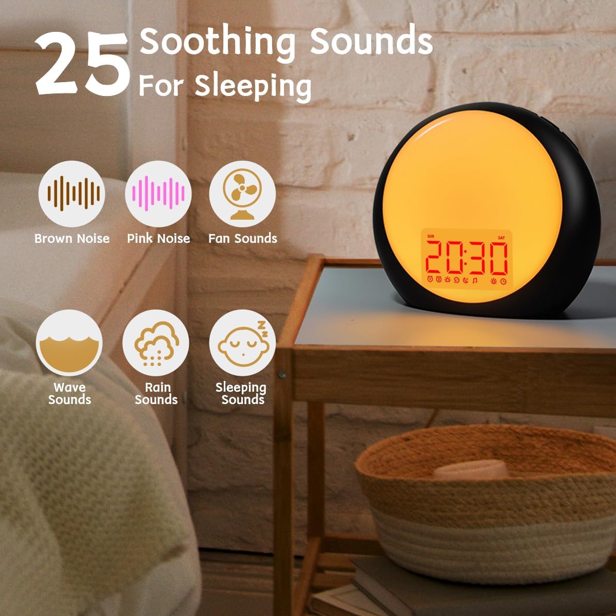 Wake Up Light Sunrise Alarm Clock White Noise Machine with Sunrise Sunset Simulation for Heavy Sleepers Kids Bedroom Dual Alarms Snooze Sound Brown Noise Machine with 25 Sounds for Sleeping