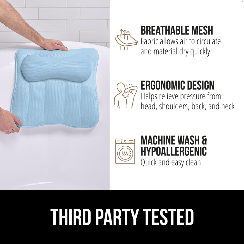 GORILLA GRIP Bath Pillow for Tub, 6 Strong Suction Cups, 4D Mesh FlexComfort Headrest for Neck, Head and Back Support, Luxury Machine Washable Pillows, Bathtub Accessories, Spa Gifts for Women, White