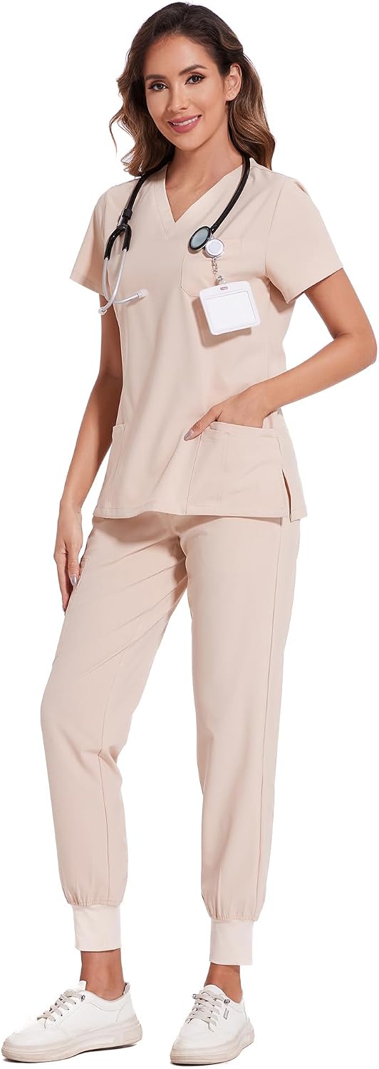 COZYFIT Scrubs for Women Set - Stretch V-Neck Scrub Top & Jogger Pant with 8 Pockets COZY SCRUBS - Colors E
