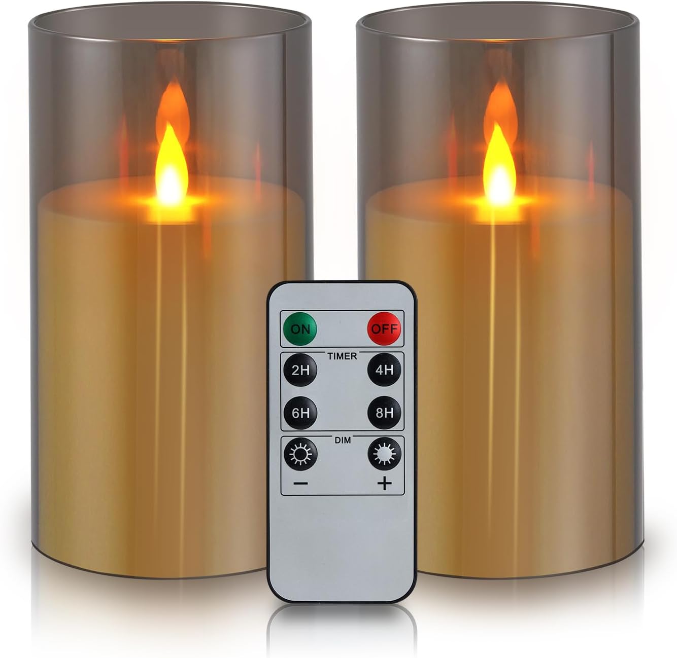 wemarry Flameless Candles 4" 5" 6" Acrylic Glass Pillars 3" Diameter Battery Operated Flickering Candles Include 8-Key Remote with Timer Function 400+ Hours (Gray, Warm Light 3 Pack)