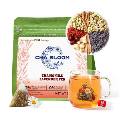 CHA BLOOM Chamomile Lavender Herbal Tea Bags, Caffeine-Free Blend, 15 Sachets, 75g Resealable Bag