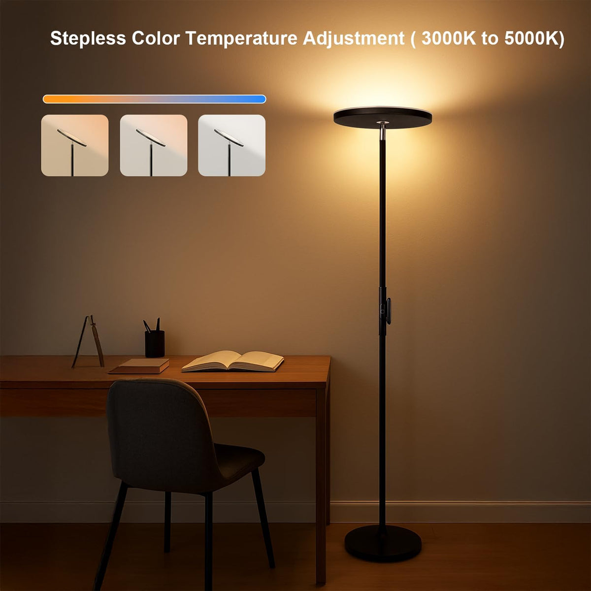 JOOFO LED Torchiere Floor Lamp with Remote, Stepless Dimmable Black
