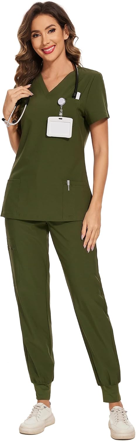COZYFIT Scrubs for Women Set - Stretch V-Neck Scrub Top & Jogger Pant with 8 Pockets COZY SCRUBS - Colors E