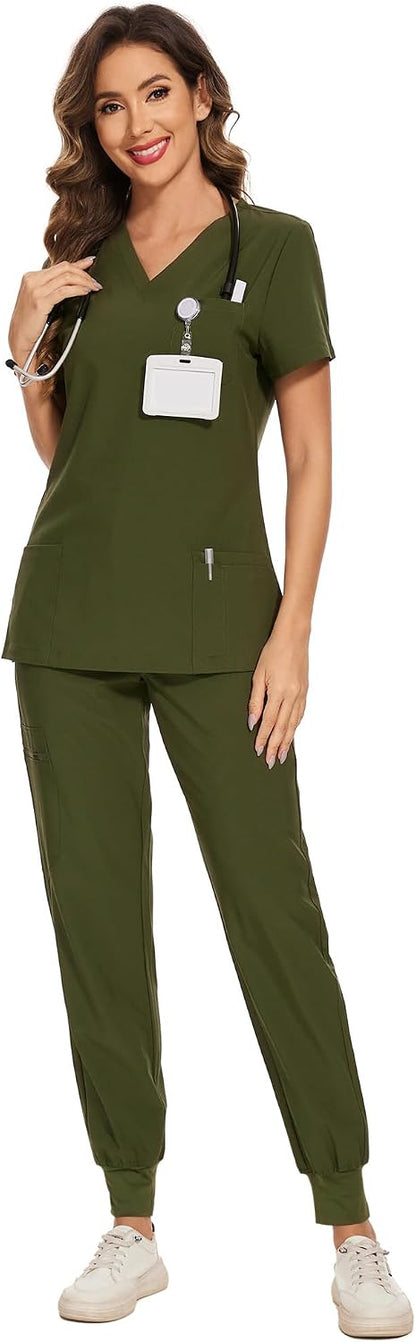 COZYFIT Scrubs for Women Set - Stretch V-Neck Scrub Top & Jogger Pant with 8 Pockets COZY SCRUBS - Colors E