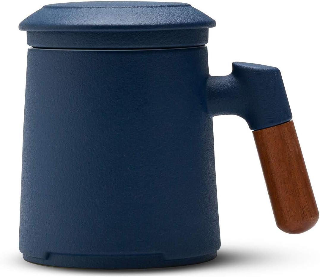 ZENS Embossed Ceramic Tea Mug with Infuser and Lid, 14.5 oz Wooden Handle, Loose Leaf Tea Steeper Cup & Strainer for Tea Lovers Gifts