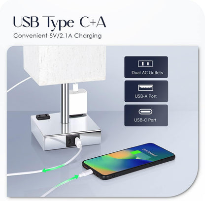 Bedside Table Lamp for Bedroom - Touch Small Lamp with USB C+A Charging Ports & AC Outlets, 3 Way Dimmable Nightstand Light for Living Room (LED Bulb Included, Grey)