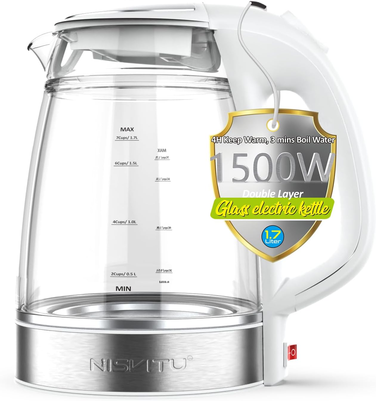 NISVITU 1.7L Dual Wall Cool Touch Electric Kettle, BPA-Free Borosilicate Glass Inner, PC Outer, 1500W Fast Boil Cordless Hot Water Boiler & Electric Tea Kettle, Keep Warm, Auto Shut-Off, White
