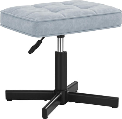 LUE BONA Adjustable Vanity Stool, Foot Rest Under Desk, 360° Swivel Vanity Chair for Makeup Room, Black Upholstered Faux Leather Ottoman for Bathroom & Living Room, 300lbs