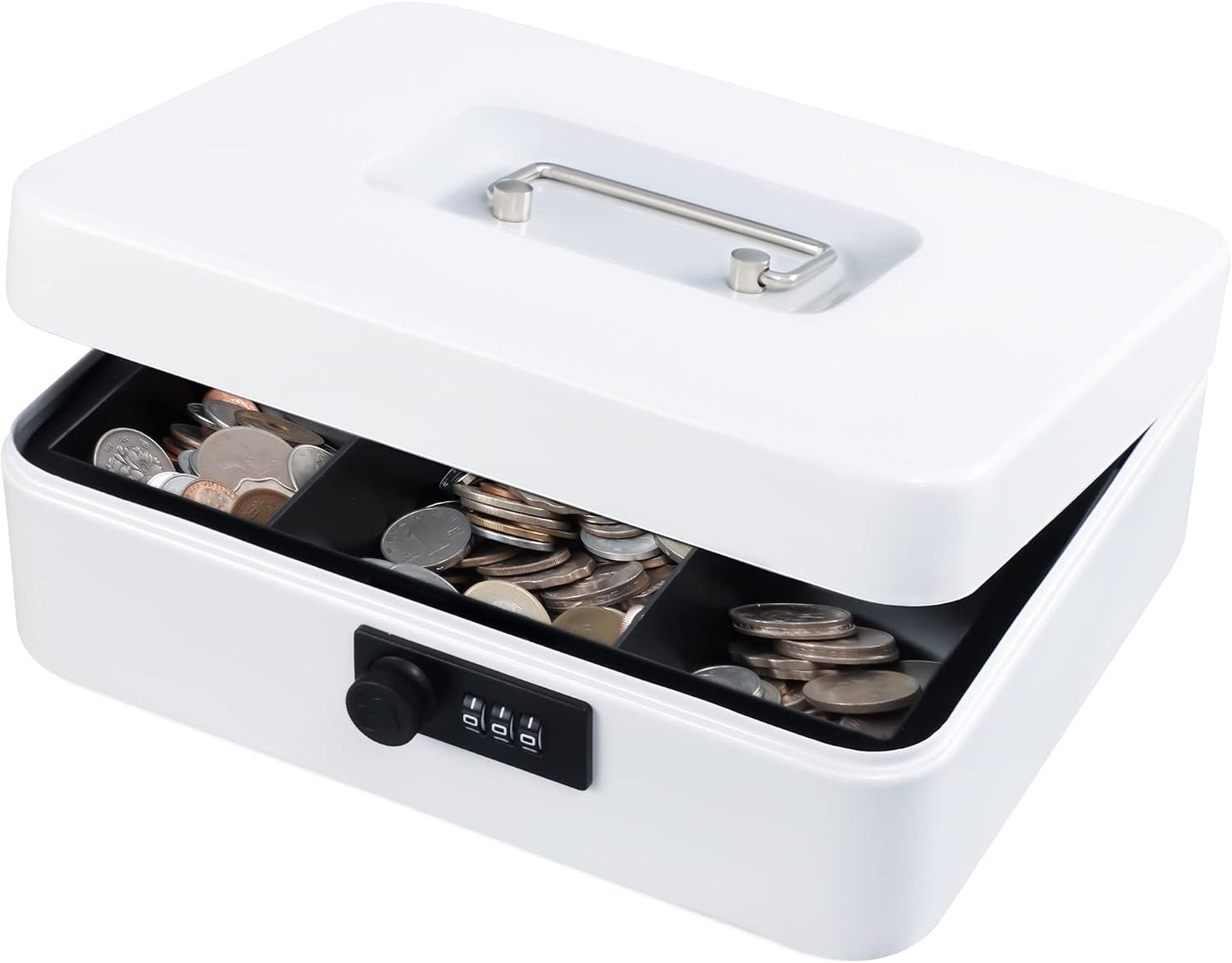 KYODOLED Cash Box with Combination Lock Safe Metal Money Box with Money Tray for Security Lock Box 7.87"x 6.30"x 3.35" Black
