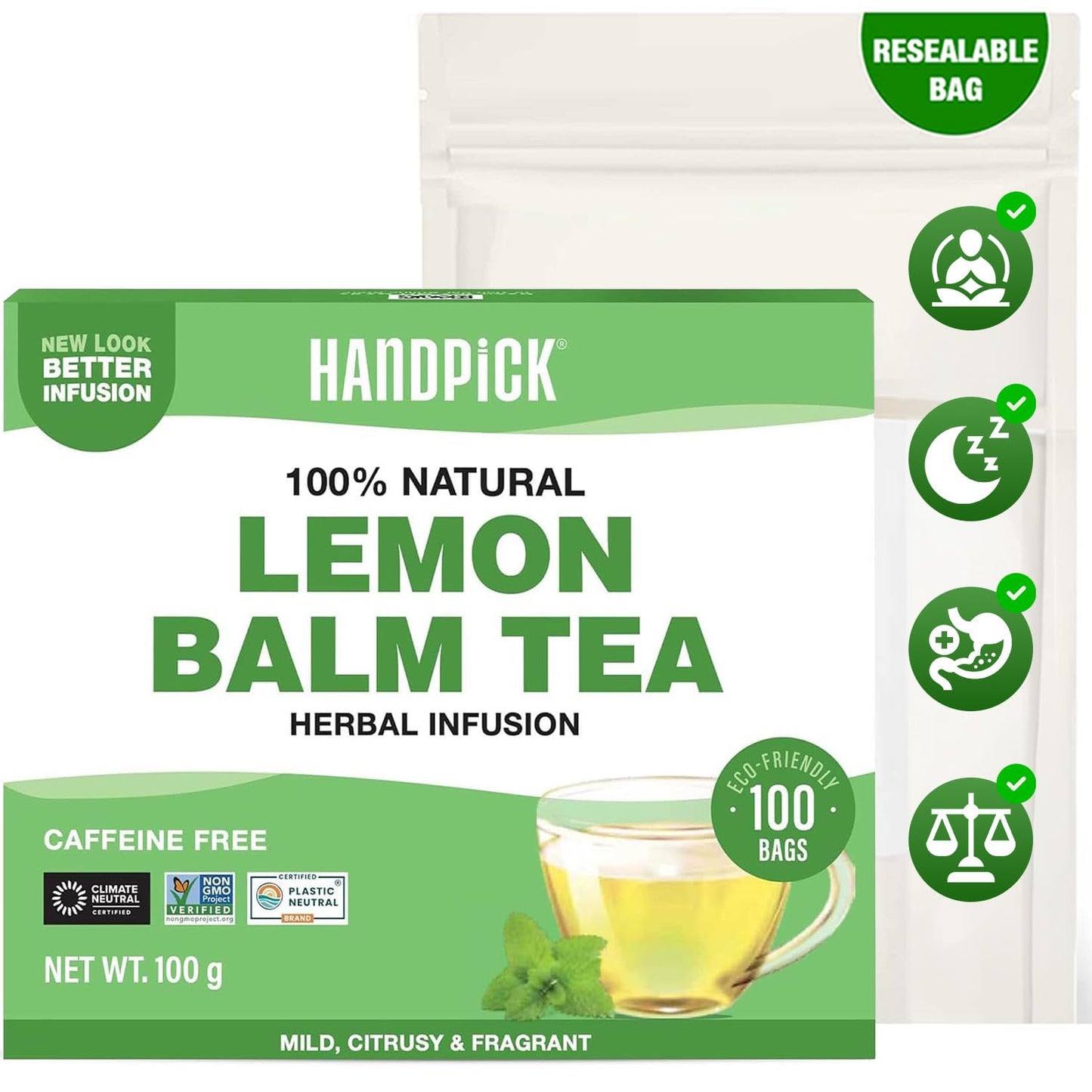 HANDPICK Lemon Balm Tea Bags – 100 Count | 100% Pure & Naturally Dried | Caffeine-Free Herbal Tea with Citrus Flavor & Aroma | Premium Lemon Balm Leaf