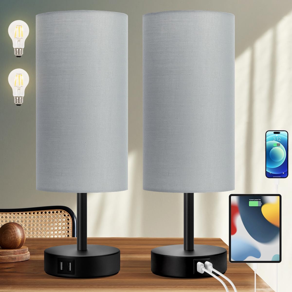 Yarra-Decor Bedside Lamps with USB Port - Touch Control Table Lamp for Bedroom Wood 3 Way Dimmable Nightstand Lamp Set of 2 with Round Flaxen Fabric Shade for Living Room, Dorm, Home Office (2 Pack)