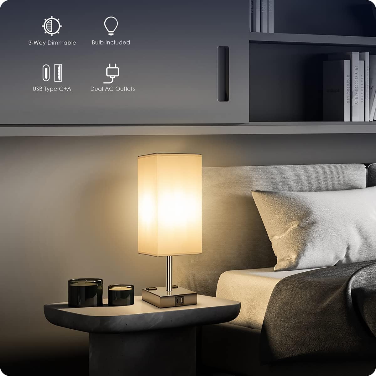 Bedside Table Lamp for Bedroom - Touch Small Lamp with USB C+A Charging Ports & AC Outlets, 3 Way Dimmable Nightstand Light for Living Room (LED Bulb Included, Grey)