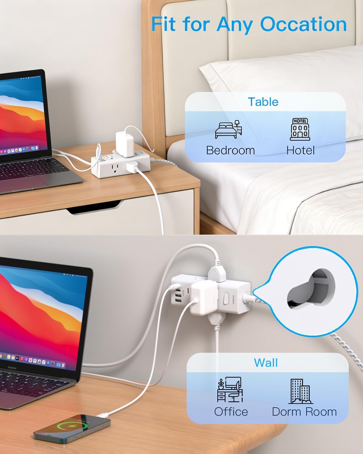One Beat 10Ft Extension Cord with Multiple Outlets,Flat Plug Power Strip