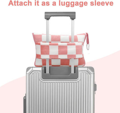Travel Blanket and Pillow Compact, Premium Soft 2 in 1 Airplane Blanket with Soft Bag Pillowcase，Hand Luggage Sleeve and Backpack Clip (Checkered Black)