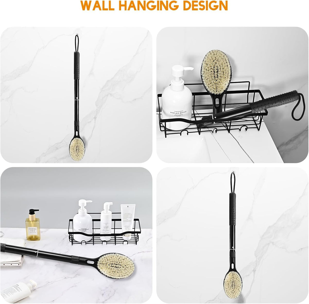 Back Scrubber for Shower with Long Handle, Dual-Sided Bath Brush for Wet & Dry Brushing, Soft & Stiff Bristles Body Exfoliator, Adjustable Detachable Shower Brush for Back, Legs & Feet
