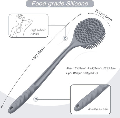 Manmihealth Silicone Back Scrubber(Thick Bristles) & Soft Bath Glove Set, Super-Exfoliating Body Scrubber & Super-Lathering Shower Brush Combination, with a Free Hook.(Black)