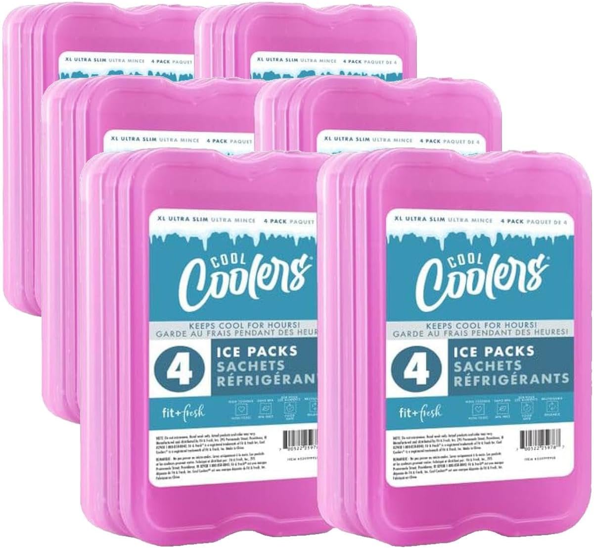Cool Coolers by Fit & Fresh 4 Pack XL Slim Ice Packs, Quick Freeze Space Saving Reusable Ice Packs for Lunch Boxes or Coolers