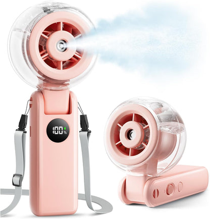 Portable Handheld Misting Fan, 4000mAh Rechargeable 3-in-1 Foldable Cooling Turbo Fan, 1-100 Stepless Speed with Water Spray & LED Display, Desk & Neck Personal Fan for Travel Beach Outdoor (Blue)