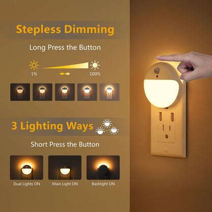 YUNLEX 2 Pack Plug in Sleep Night Light with Motion Sensor and Dusk to Dawn Sensor, 3 Modes, Soft Glow, Stepless Dimming, LED Lights for Bedroom, Sleep, Baby Nursery, Kids, Toddler, Home Decor (Amber)
