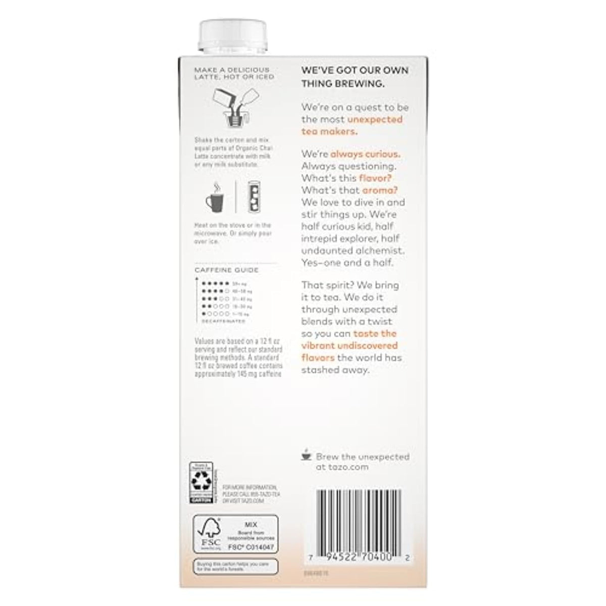 TAZO Organic Chai Latte Concentrate 32 oz Carton 2-Pack USDA Organic Black Tea with Cinnamon Cardamom Ginger and Black Pepper Spices for Hot or Iced Chai Tea Lattes
