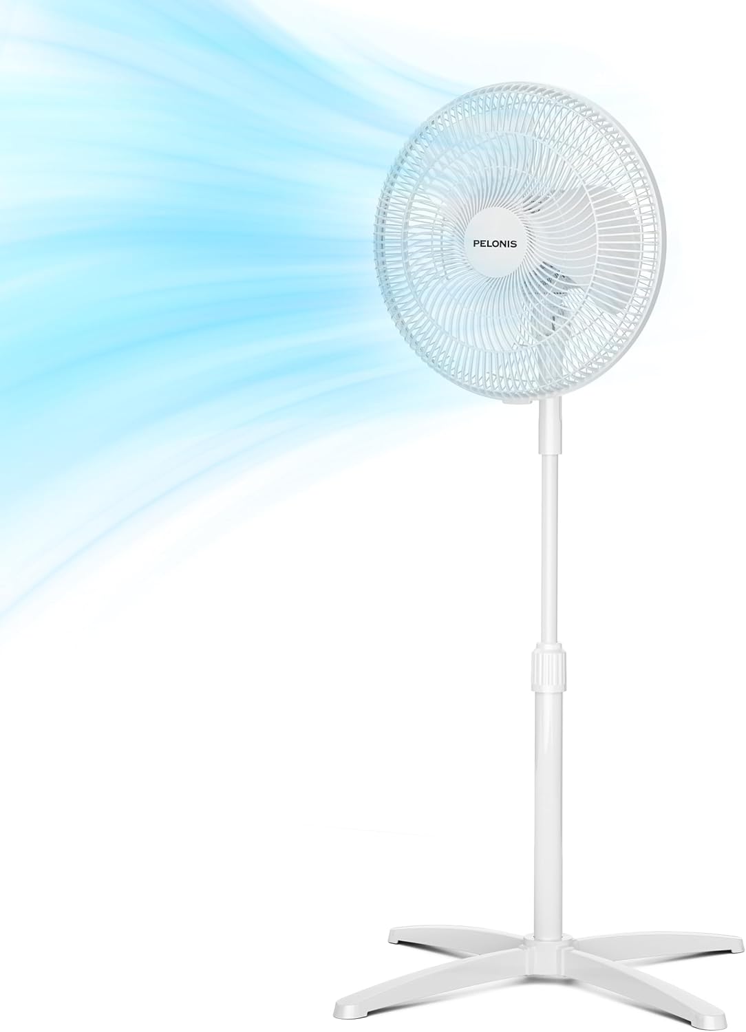 PELONIS 16 inch Pedestal Fan for Bedroom , Oscillating Fan, 3-Speeds, 90° Oscillation, Adjustable Height, Floor Fan, Standing Fan for Living Room, Kitchen, and Home office, Black