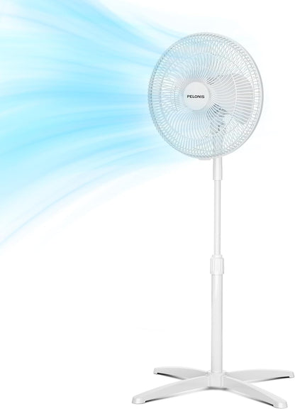 PELONIS 16 inch Pedestal Fan for Bedroom , Oscillating Fan, 3-Speeds, 90° Oscillation, Adjustable Height, Floor Fan, Standing Fan for Living Room, Kitchen, and Home office, Black