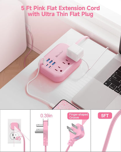6 USB(3 USB C) Power Strip- Travel Power Strip with 6 USB Desktop Charging Station 24W/4.8A and 3 Outlets, 5Ft Flat Plug Braided Extension Cord, Non Surge Protector for Cruise Ship Travel Office Dorm
