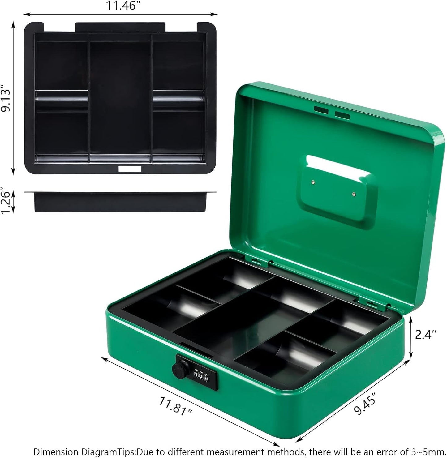 KYODOLED Cash Box with Combination Lock Safe Metal Money Box with Money Tray for Security Lock Box 7.87"x 6.30"x 3.35" Black