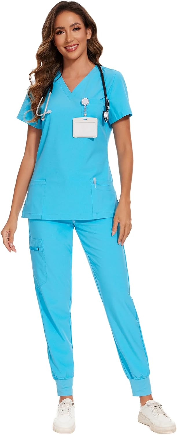 COZYFIT Scrubs for Women Set - Stretch V-Neck Scrub Top & Jogger Pant with 8 Pockets COZY SCRUBS - Colors B