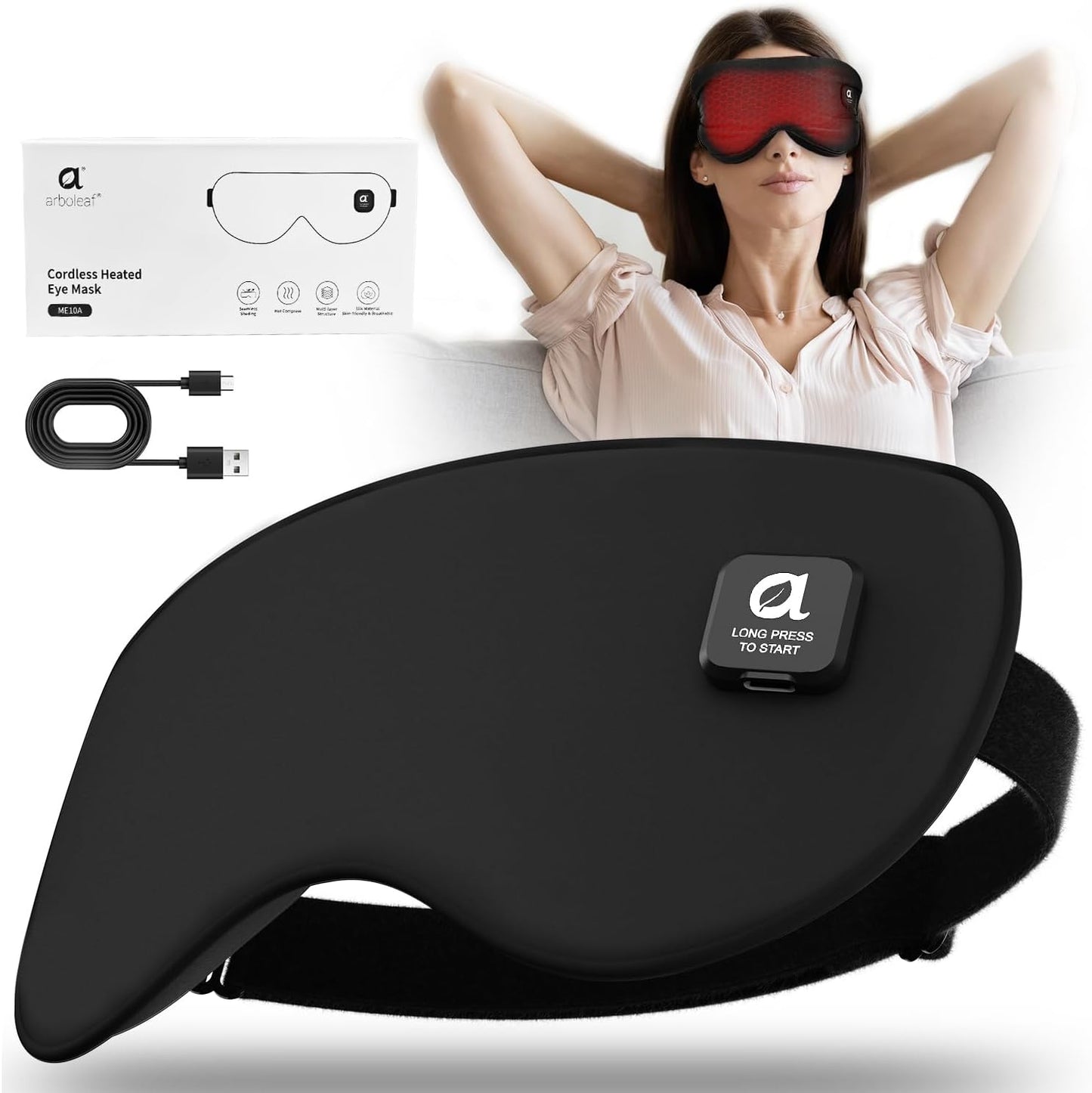 arboleaf Heated Eye Mask, Cordless Rechargeable Warm Eye Compress, Temperature Control, Light Blocking, Washable Cover & Travel, 1000mAh Rechargeable Battery