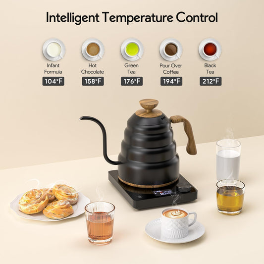 Electric Gooseneck Kettle, 30oz/0.9L Intelligent Temperature Control, Quick Heating, 304 Stainless Steel for Pour Over Coffee, Brew Tea, Boil Hot Water, 1000W （Black）